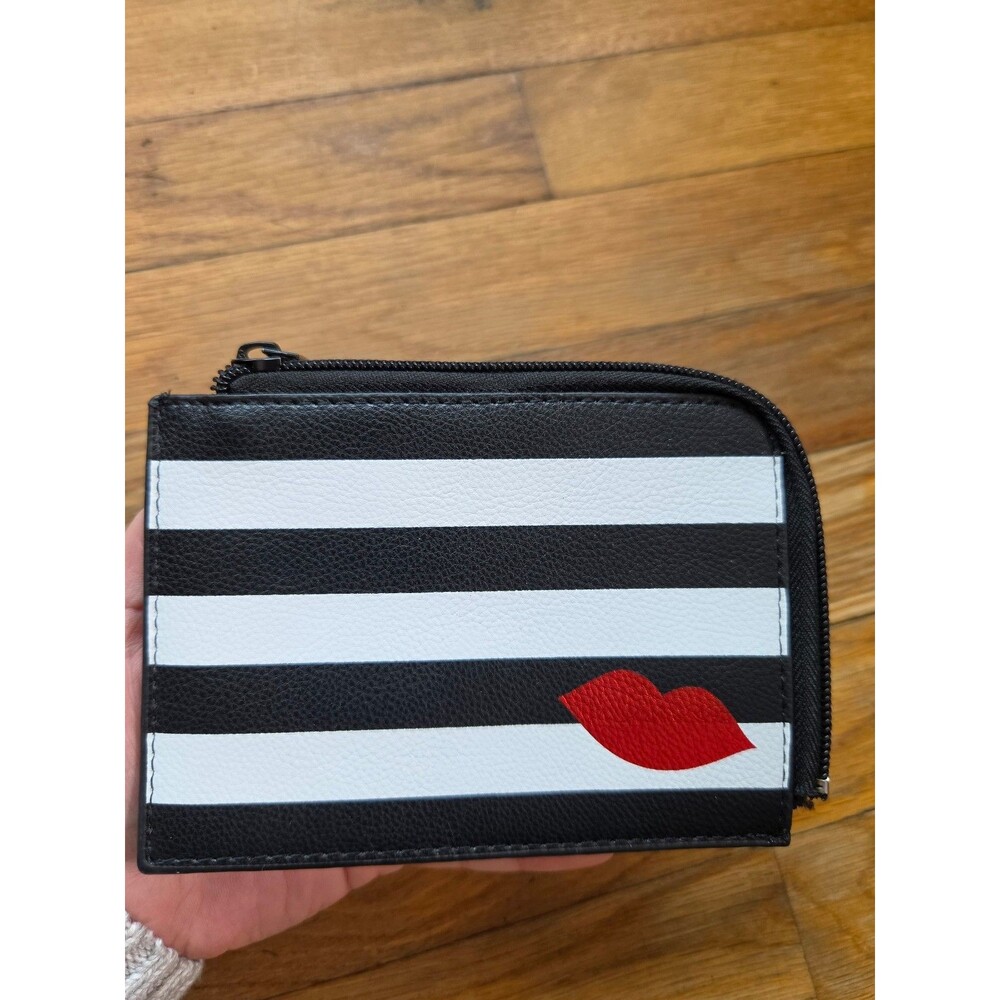 Sephora black & white striped red lips corner zip pouch wallet